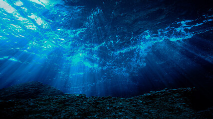 Artistic underwater photo of magic landscape in rays of sunlight