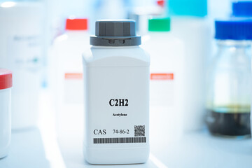 C2H2 acetylene CAS 74-86-2 chemical substance in white plastic laboratory packaging
