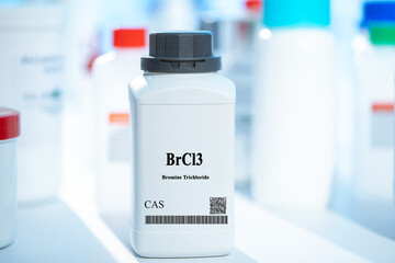 BrCl3 bromine trichloride CAS  chemical substance in white plastic laboratory packaging - obrazy, fototapety, plakaty
