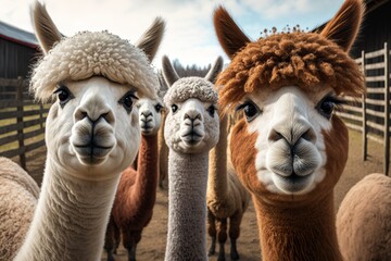 Group of curious alpacas looking at the camera - obrazy, fototapety, plakaty