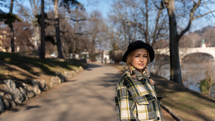 Fototapeta na wymiar A beautiful, sunny day for a walk with my dog ​​on Valentine's Day in Valentino Park. Turin, Italy