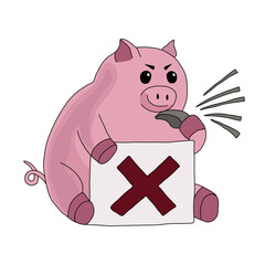 Piggy bank with prohibition signs. Concept of negative financial decisions. Vector illustration on a white background