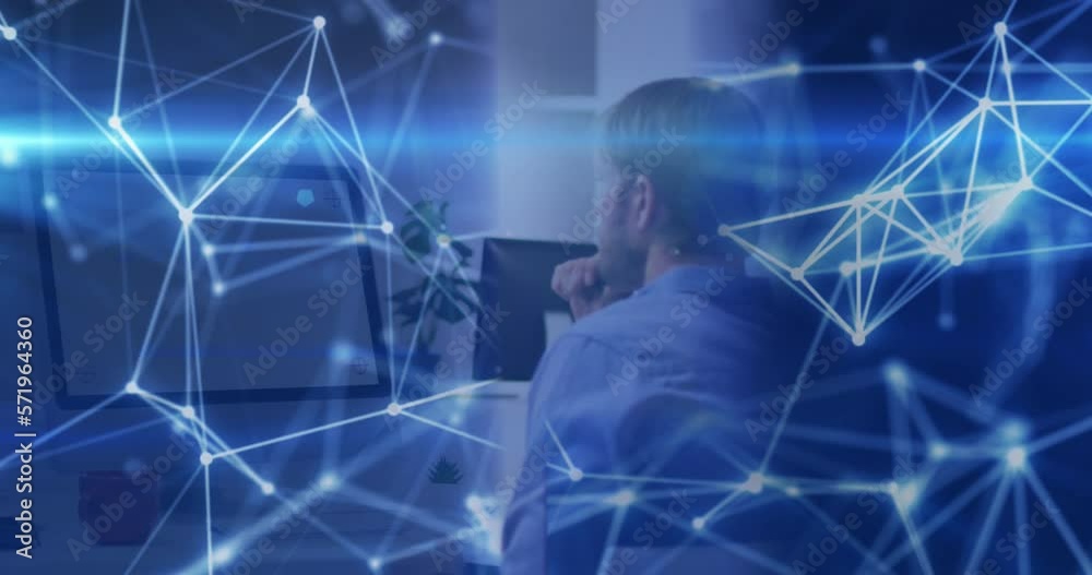 Poster animation of computing data processing over man using computer
