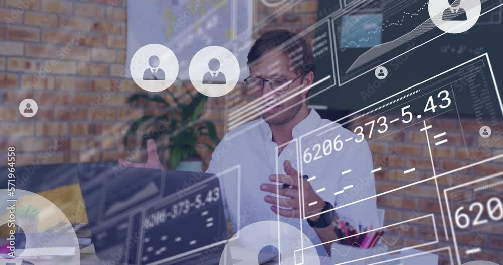 Poster animation of computing data processing with icons over man using laptop
