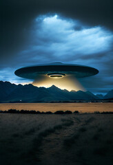 Naklejka na ściany i meble UFO Hovers Over Mountain Landscape - Generative Ai