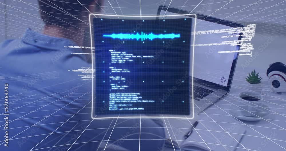 Poster animation of computing data processing over man using laptop