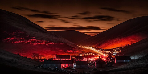 settlement in the mountains at night illuminated by lights