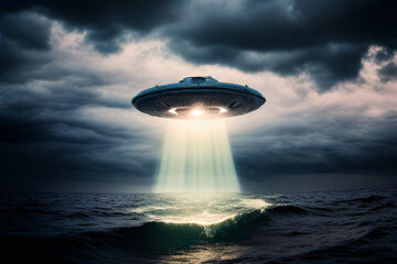 Naklejka na ściany i meble UFO Hovers Over Ocean - Generative Ai
