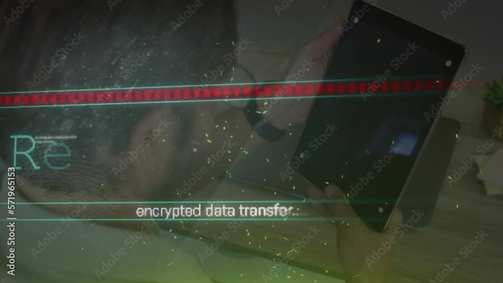 Poster animation of computing data processing over man using tablet