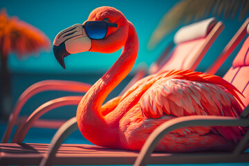 Obraz premium Bright flamingo bird in sunglasses rests on the beach by the pool under palm trees with a glass. Beautiful exotic tropical summer elegant holiday vacation concept. Generative AI