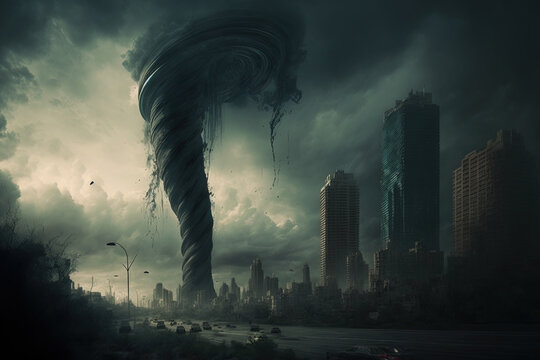Huge terrible tornado over the city. The tornado destroys the city. Gloomy urban landscape. AI