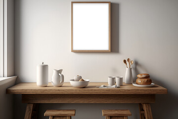 Mockup cuadro, lienzo, marco en interior minimalista y moderno. Cuadro vacío Bodegón minimalista en madera y blancos. Colores claros y cálidos. Estilo nórdico escandinavo. Cocina. Generado con IA. 