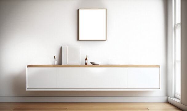 Mockup cuadro en interior minimalista y moderno. Cuadro vacío Bodegón minimalista en madera y blancos. Colores claros y cálidos. Scandinavian interior design. Generado con IA.