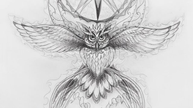 ornamental drawing of sacred owl spirit. Loop Animation