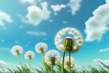 Dandelions, blue sky and white clouds blurred. Generative AI	