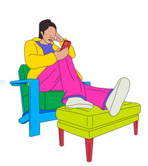 Worried girl texting on a chair with her legs up 