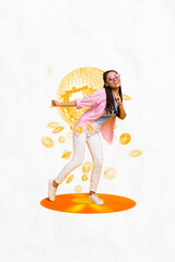 Composite collage photo of youngster girl wear hipster outfit have fun wear sunglasses disco ball retro party isolated on white color background