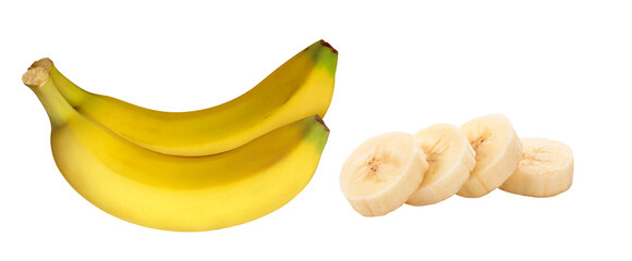 banana inteira e rodelas de bananas em fundo transparente - banana nanica