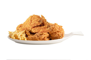 Fried chicken and potato chip served on white plate isolated on white background with clipping path, Junk food high calorie