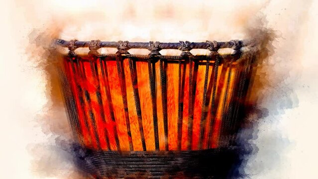 Original african djembe drum and softly blurred watercolor background. Loop Animation.
