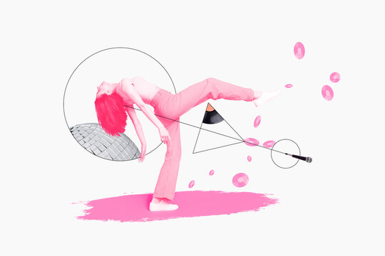 Composite collage image of carefree pink color girl enjoy dancing piece vinyl record disco ball microphone isolated on painted background