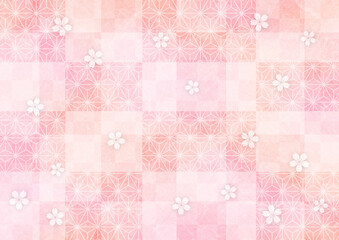 格子と麻の葉模様の和紙の背景_桜の花あり