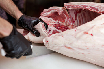 Fresh pork, lamb and beef meat on butchery