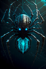 Art Illustration, Cyber Security Style, Spider in the Web, AI Generation