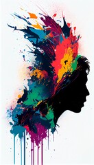 Head silhouette with colorful splashes. Creative thinking concept Innovative idea and designer mind or brainstorm ideas with smart design. 
Open mind brain illustration.