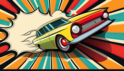Retro car on colorful striped background. Comic book style generative ai illustration