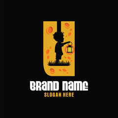 Letter U Boy with a Lantern Logo Design Template Inspiration, Vector Illustration.