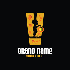 Letter V Boy with a Lantern Logo Design Template Inspiration, Vector Illustration.