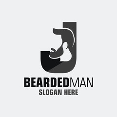 Letter J Bearded Man Logo Design Template Inspiration, Vector Illustration.