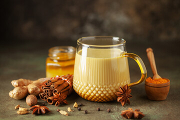 Golden Cinnamon  Turmeric Milk. Trendy hot Healthy drink with turmeric roots and spices. Indian Masala Haldi Doodh.