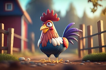 Cute Cartoon Rooster on on a Farm (Created with Generative AI)