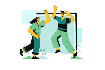 Happy people green concept with people scene in the flat cartoon style. Boy and girl are rejoicing together on the yard.