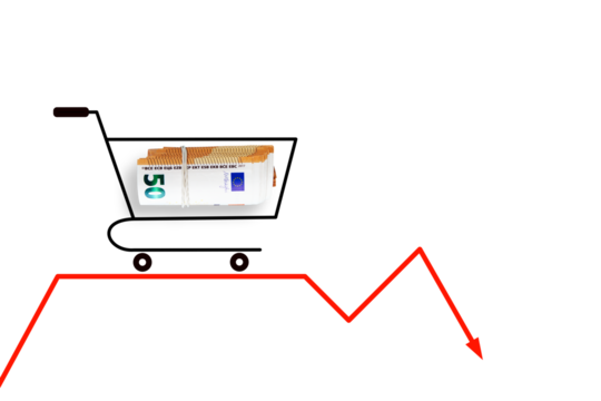 Shopping basket with euros money on red arrow. Economic crisis, inflation and commodity prices concept