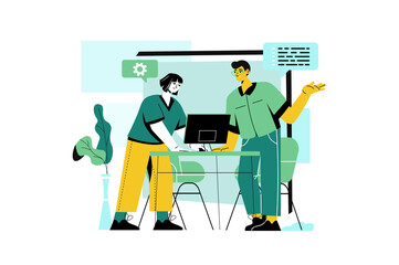 Programming green concept with people scene in the flat cartoon style. Programmer thinks about creating a new application with difficult programming code.