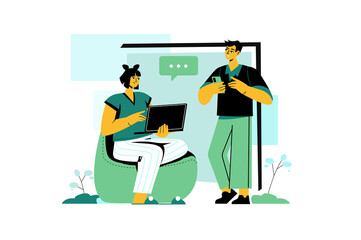 People use gadgets green concept with people scene in the flat cartoon design. Boy and girl spend a lot of time with their gadgets.