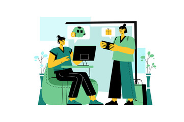 Online shopping green concept with people scene in the flat cartoon style. Two friends rests together and choose new clothes on the online store.