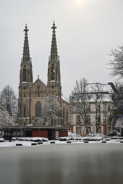 View of the church and surrounding buildings in Baden-Baden in winter scenery