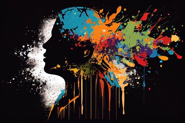 Head silhouette with colorful splashes. Creative thinking concept Innovative idea and designer mind or brainstorm ideas with smart design. 
Open mind brain illustration.
