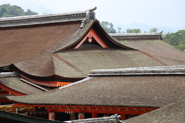 広島県、宮島の風景、厳島神社、工事中の大鳥居、鹿と遊ぶ女の子、参拝する親子