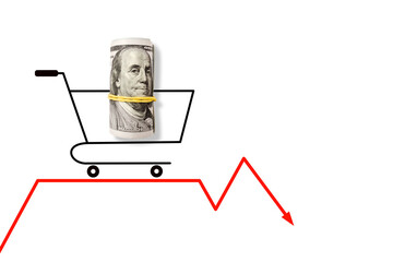 Shopping basket with dollars money on red arrow and transparent background. Economic crisis, inflation and commodity prices concept