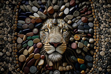 Majestic lion with African and wild components for an artistic and dynamic look. Colored stone mosaic forming the face of a lion for an original background. Generative AI