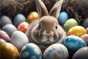 Portrait of an Easter bunny surrounded by colorful Easter eggs, generative, ai