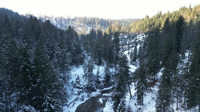the stuiben falls in the mountains near the town of reutte in austria with trees and mountains covered with snow. the waterfall is slightly frozen taken with a drone
