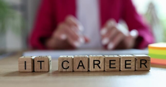 Words IT career successful intern programmer types on keyboard