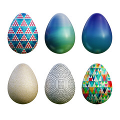 Realistic 3d easter eggs in abstract seamless vector fantasy lines patterns