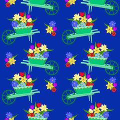 Fototapeta na wymiar Vector - wheelbarrow with flowers seamless pattern.